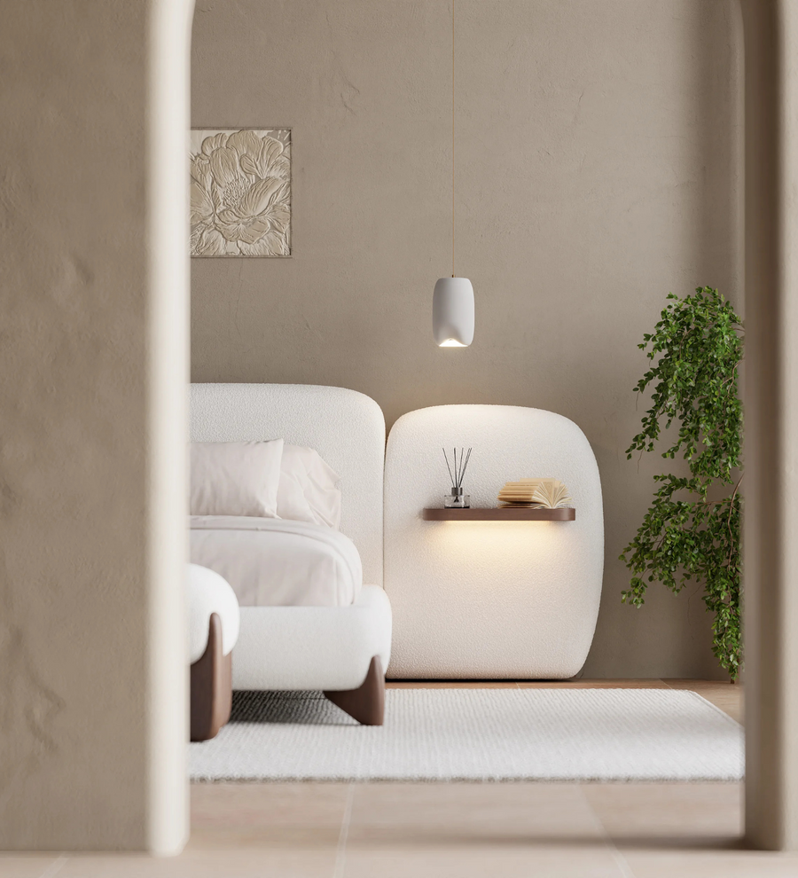 Waru Boucle Upholstered King Size Bed In Shell White Colour - Febonic Living
