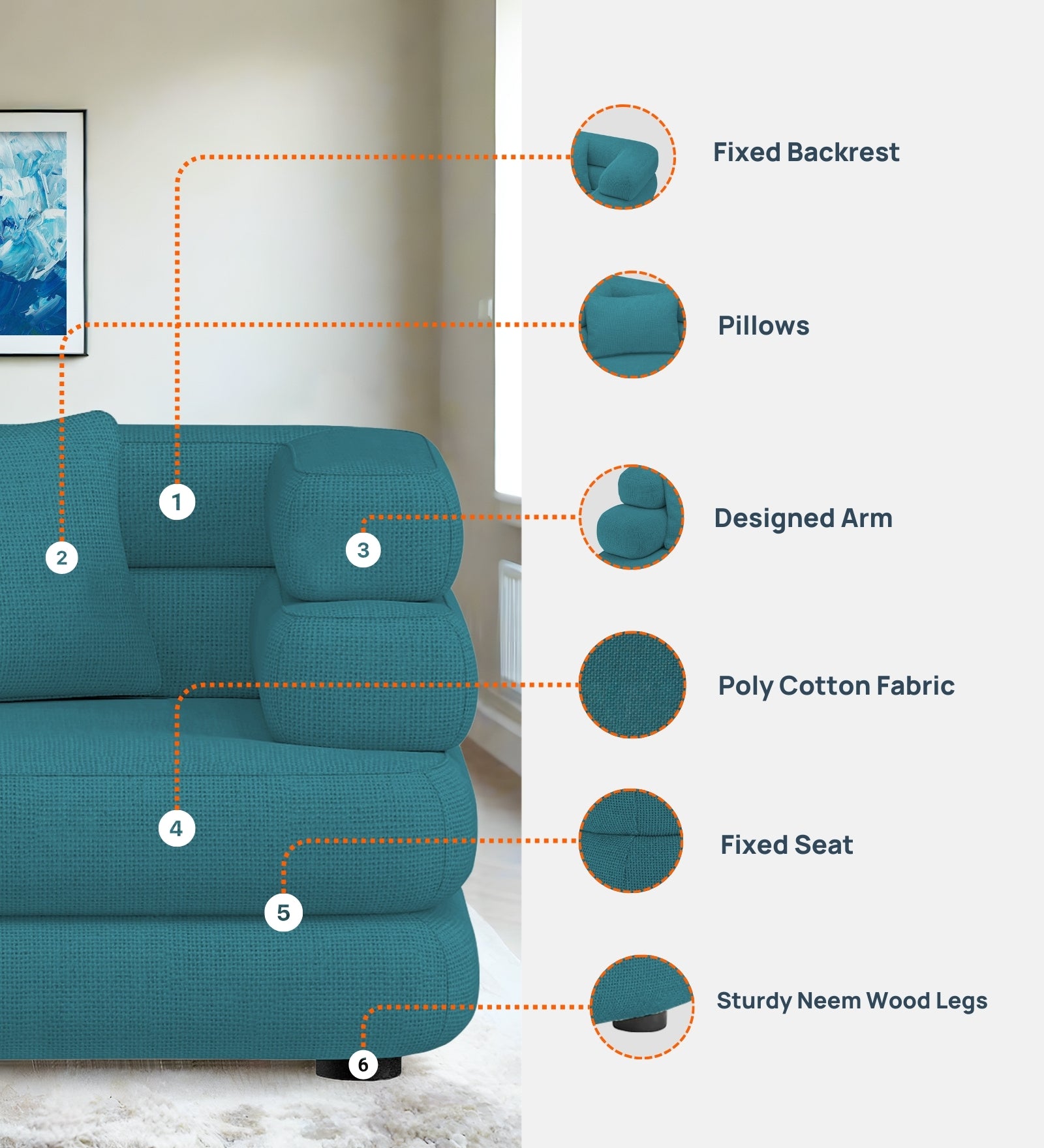 Wener Fabric 1 Seater Sofa in Cool Blue Colour