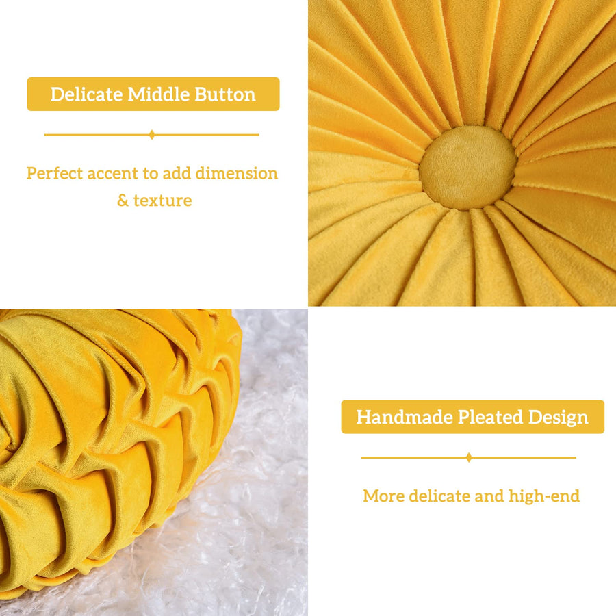 Taka Velvet Decorative Round Pleated Throw Pillows In Turmeric Yellow Colour Pack Of 2 - Febonic Living