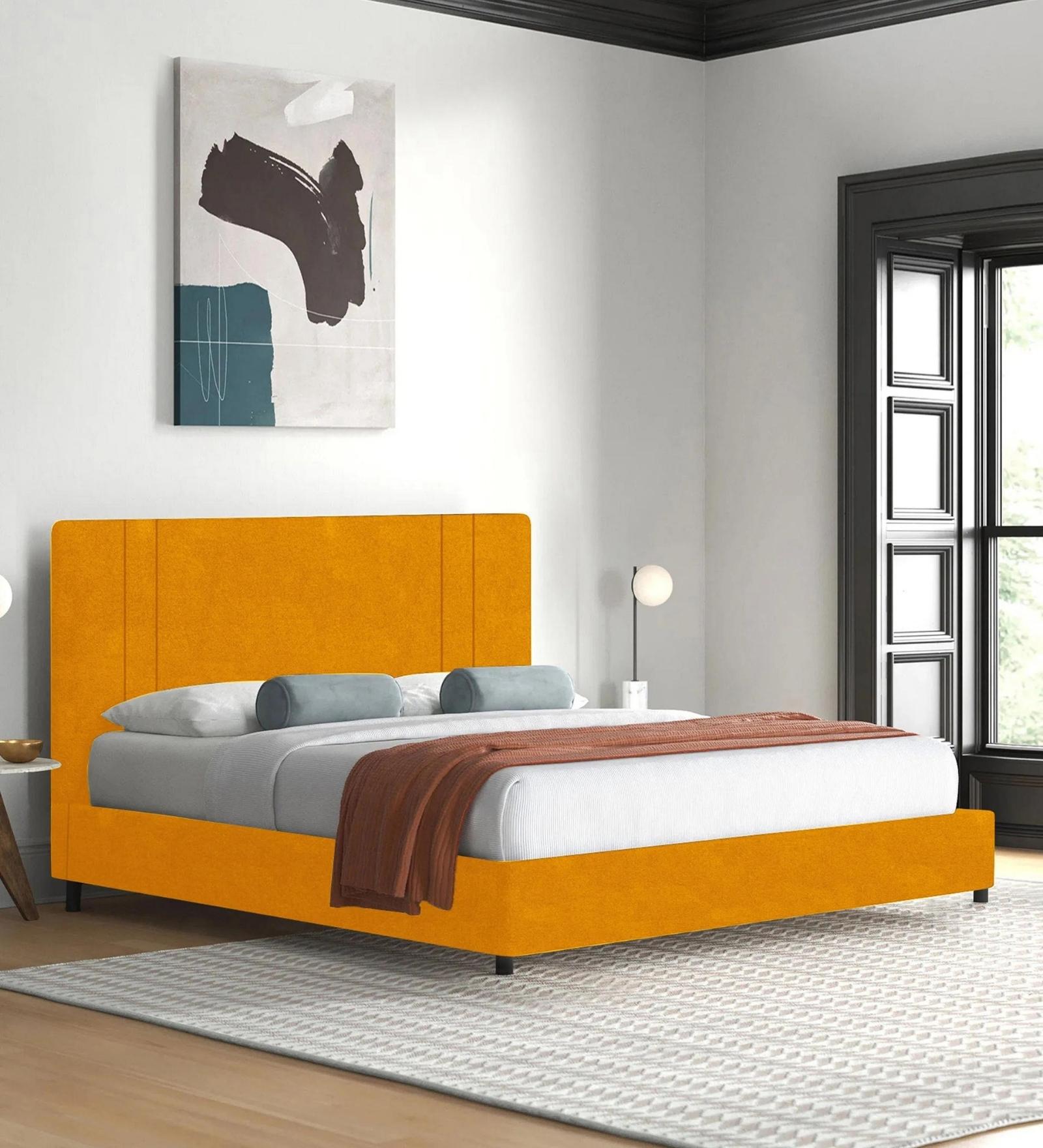 Asyra Fabric King Size Bed in Turmeric Yellow Colour With Storage