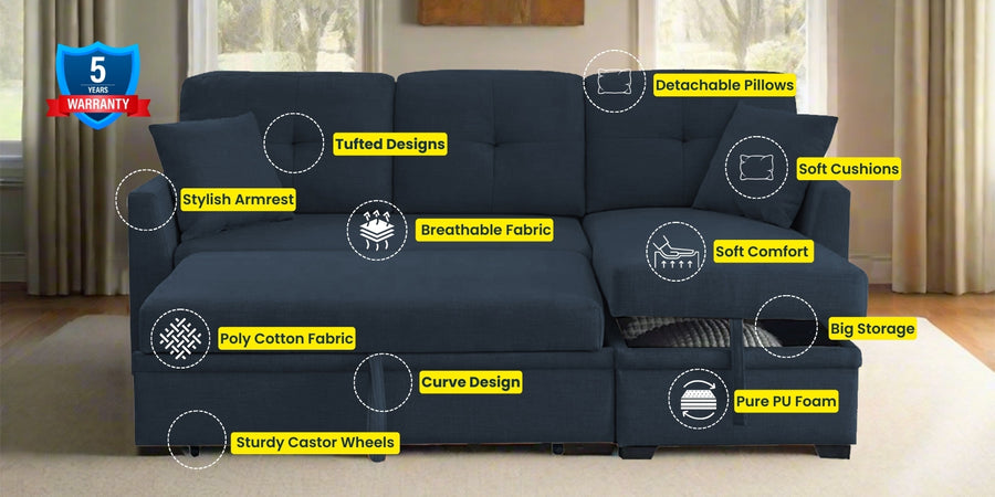 Jody Fabric 3 Seater Pull Out Sofa Cum Bed In Denim Blue Colour With Storage - Febonic Living