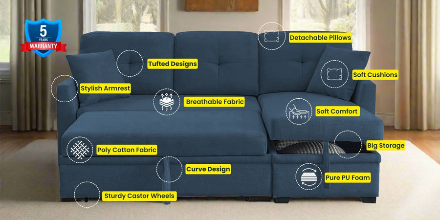 Jody Fabric 3 Seater Pull Out Sofa Cum Bed In Light Blue Colour With Storage - Febonic Living