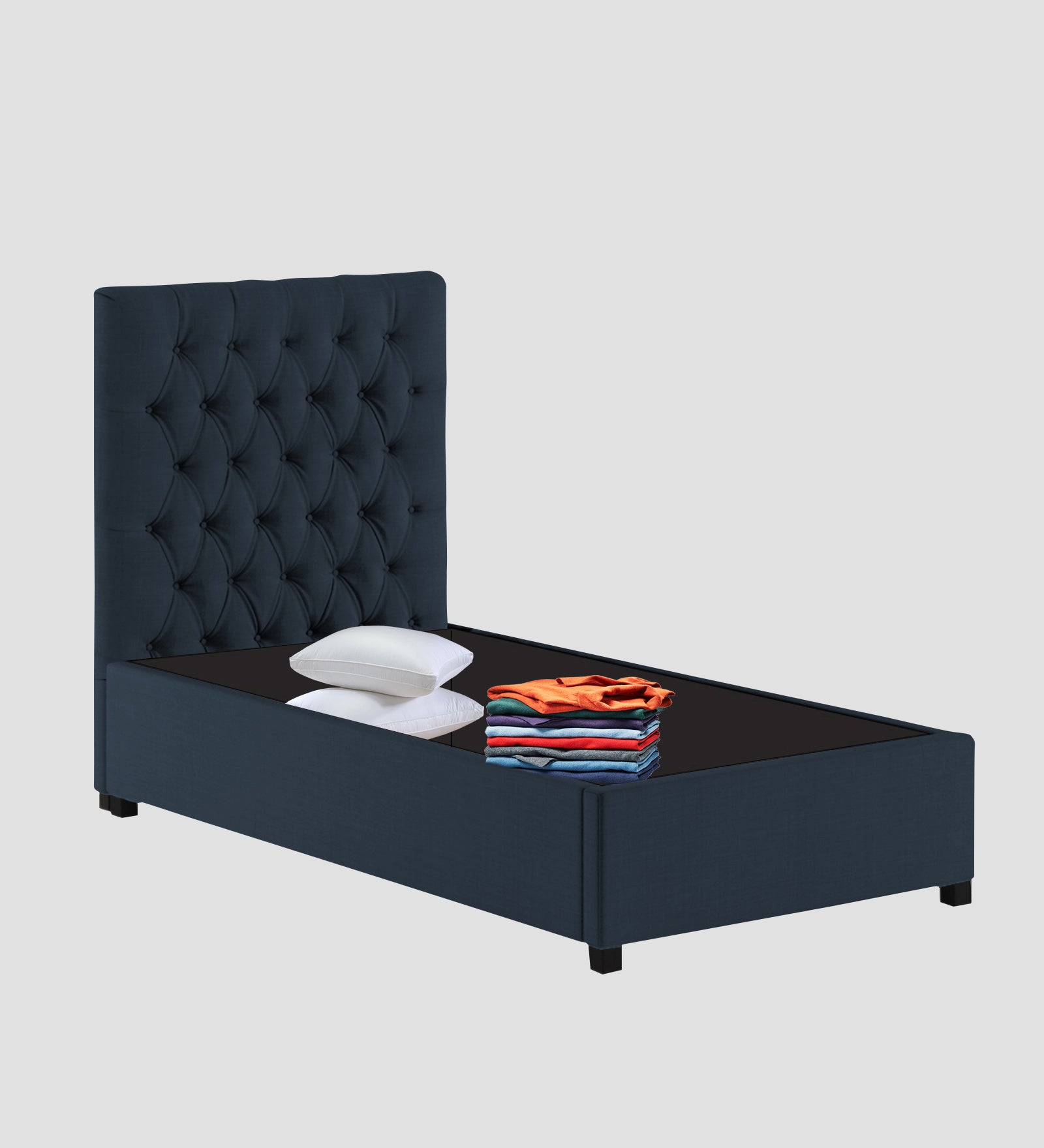 Isko Fabric Upholstered Single Bed in Denim Blue Colour with Box Storage