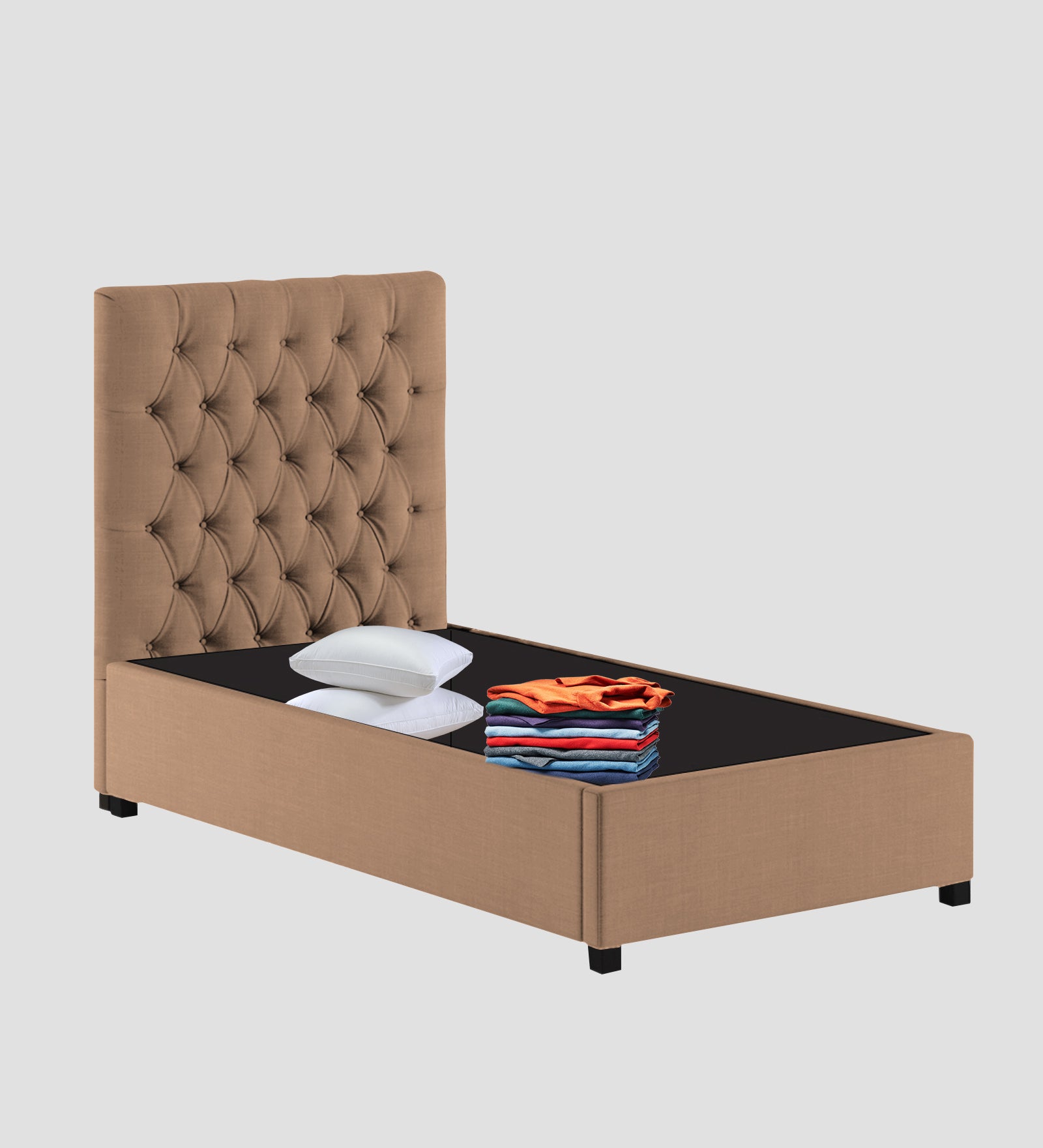 Isko Fabric Upholstered Single Bed in Cosmic Beige Colour with Box Storage