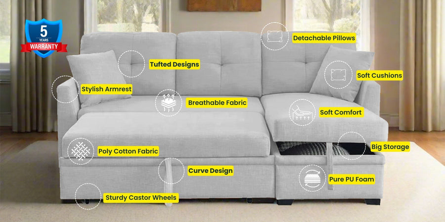 Jody Fabric 3 Seater Pull Out Sofa Cum Bed In Lit Grey Colour With Storage - Febonic Living