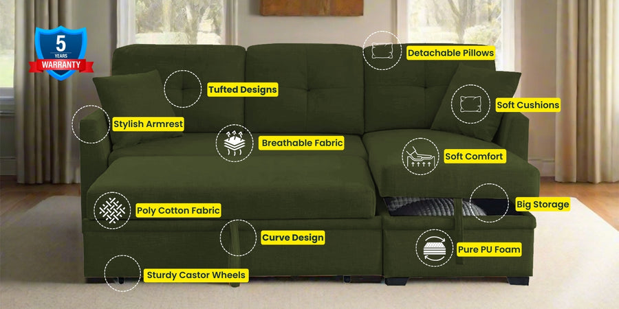 Jody Fabric 3 Seater Pull Out Sofa Cum Bed In Olive Green Colour With Storage - Febonic Living