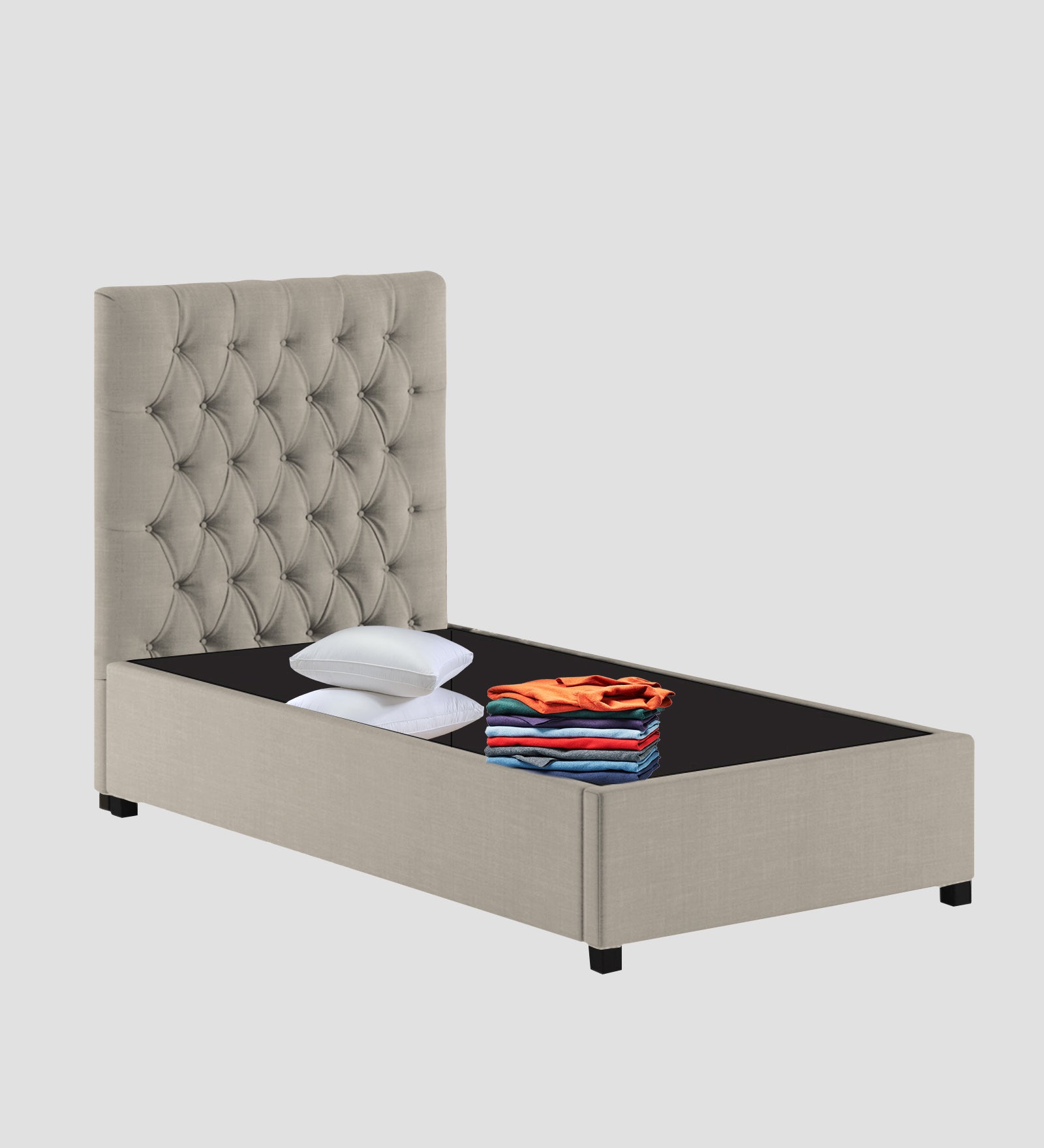 Isko Fabric Upholstered Single Bed in Ash Grey Colour with Box Storage