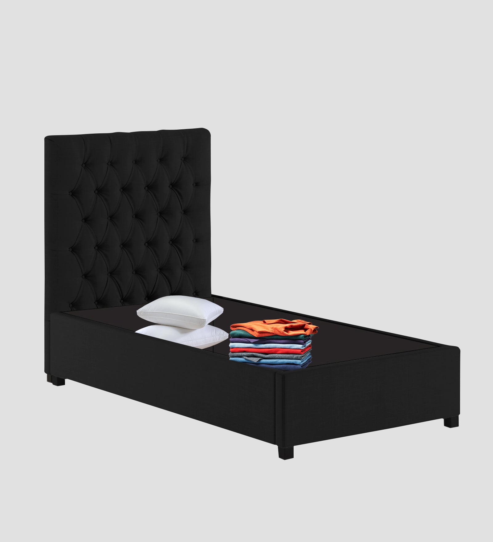 Isko Fabric Upholstered Single Bed in Zed Black Colour with Box Storage