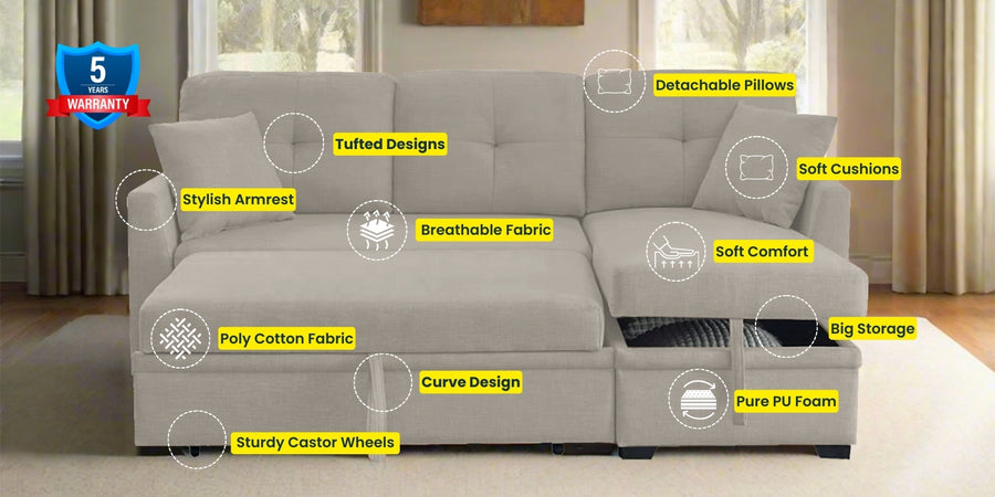 Jody Fabric 3 Seater Pull Out Sofa Cum Bed In Ash Grey Colour With Storage - Febonic Living