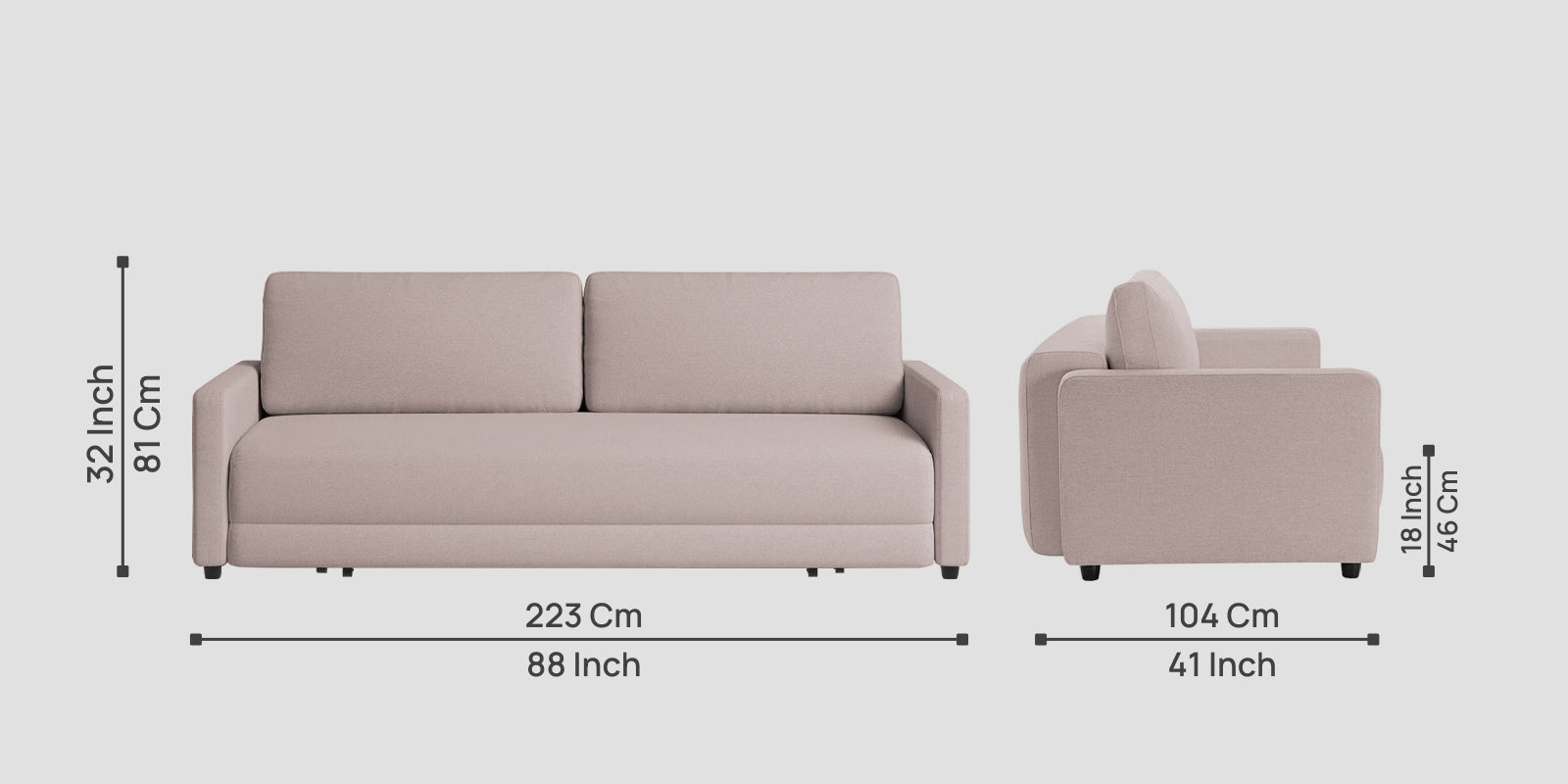 Leora Fabric 3 Seater Convertible Sofa Cum Bed In Almond Beige Colour - Febonic Living