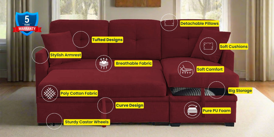 Jody Fabric 3 Seater Pull Out Sofa Cum Bed In Blood Maroon Colour With Storage - Febonic Living