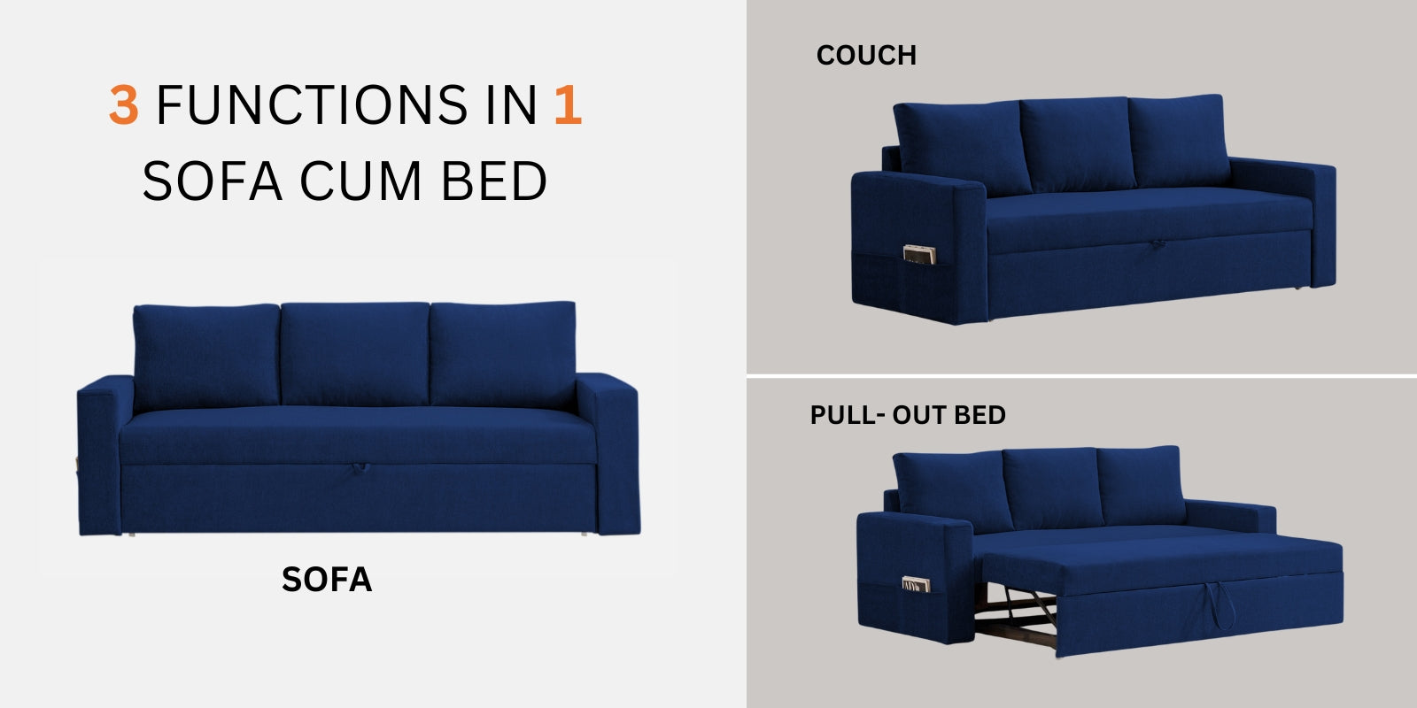 Kara Fabric 3 Seater Pull Out Sofa Cum Bed in Denim Blue Colour