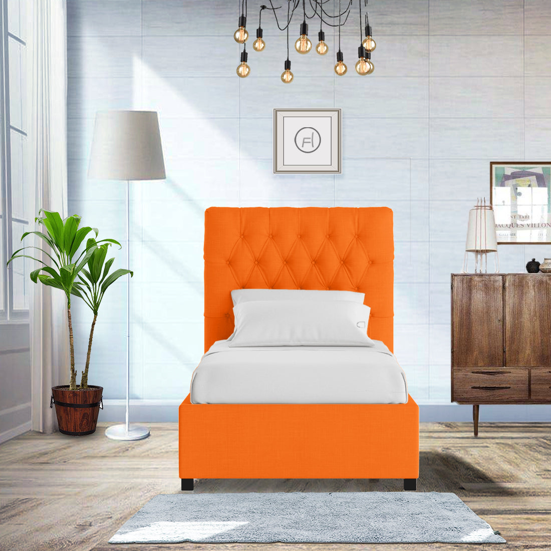 Isko Fabric Upholstered Single Bed in Vivid Orange Colour with Box Storage