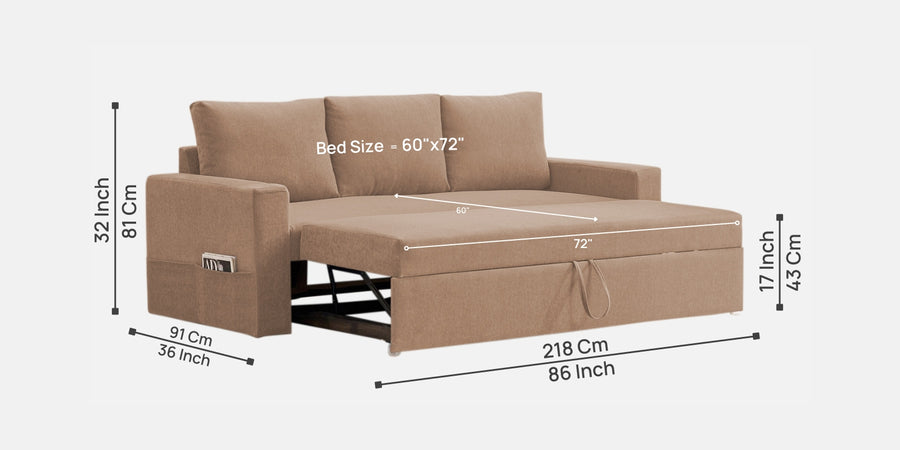 Kara Fabric 3 Seater Pull Out Sofa Cum Bed In Cosmic Beige Colour - Febonic Living