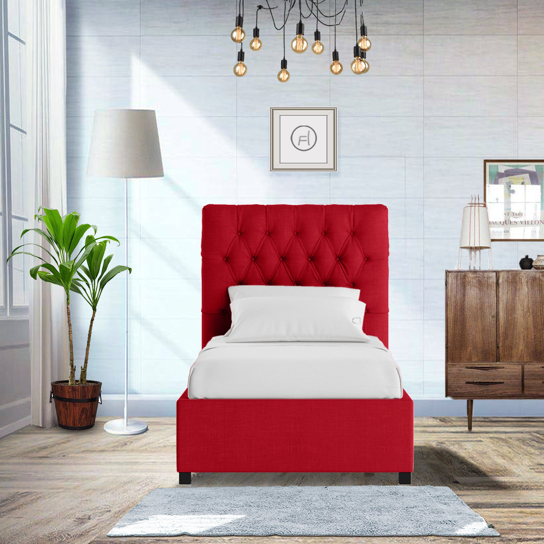 Isko Fabric Upholstered Single Bed in Ruby Red Colour with Box Storage