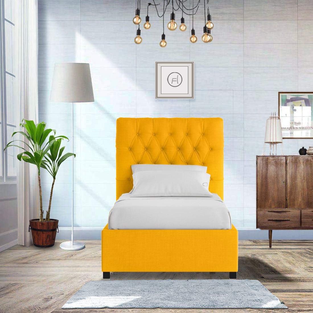 Isko Fabric Upholstered Single Bed in Bold Yellow Colour with Box Storage