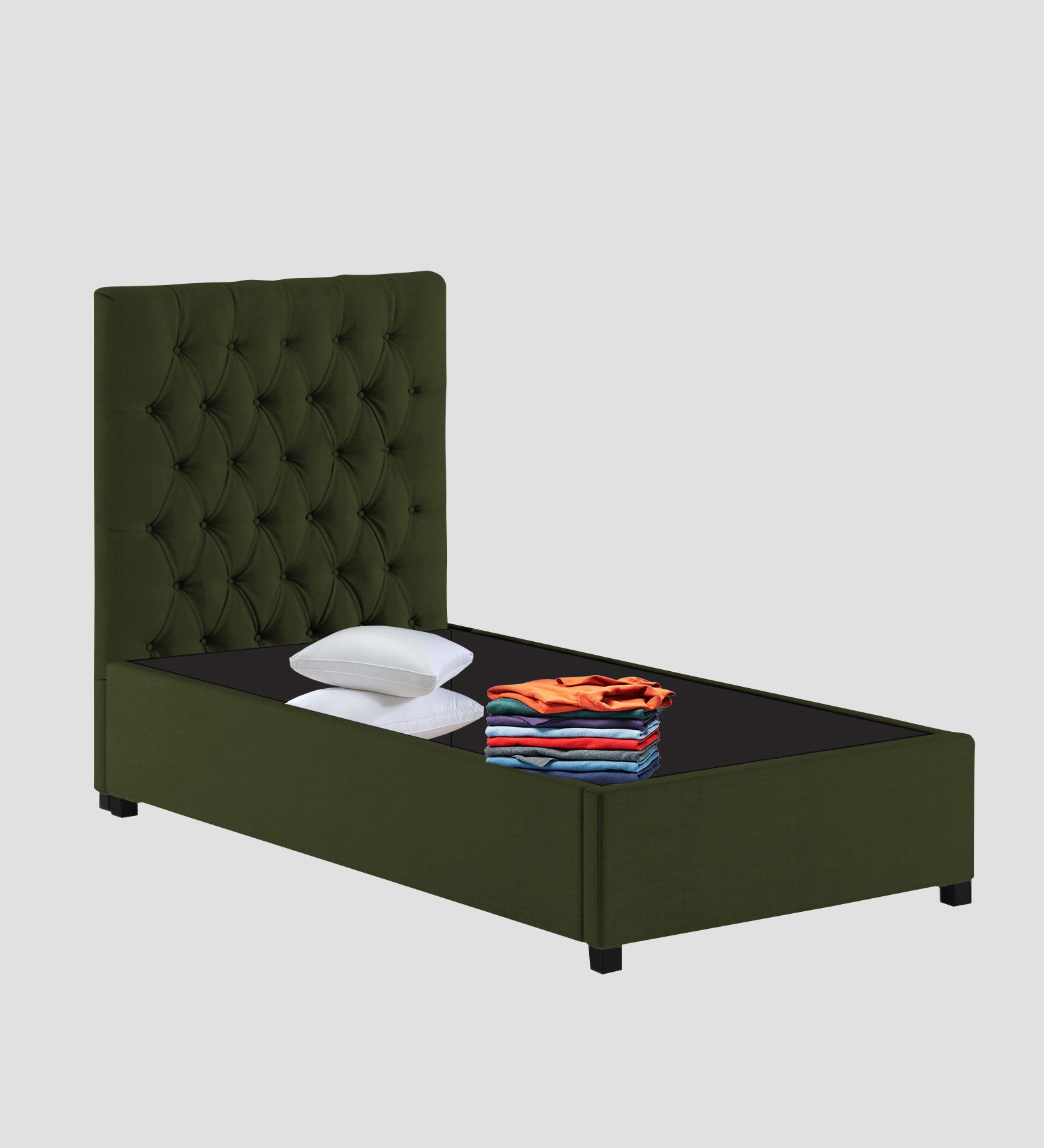 Isko Fabric Upholstered Single Bed in Olive Green Colour with Box Storage