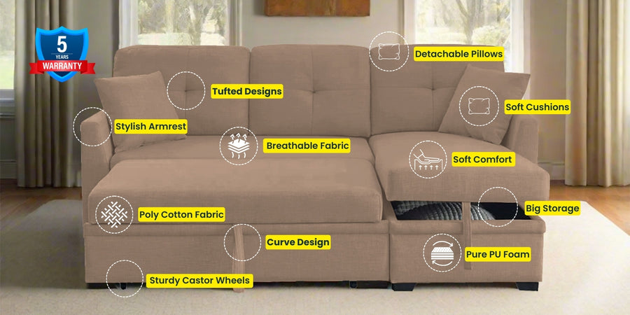 Jody Fabric 3 Seater Pull Out Sofa Cum Bed In Cookie Beige Colour With Storage - Febonic Living