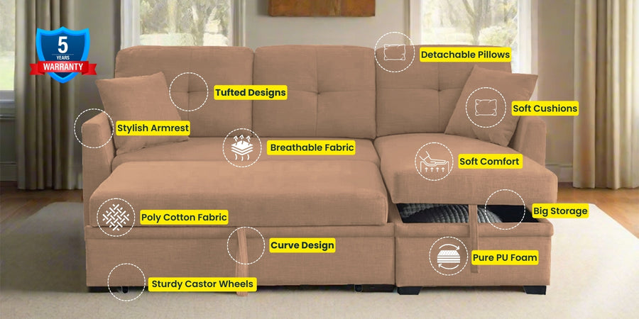 Jody Fabric 3 Seater Pull Out Sofa Cum Bed In Cosmic Beige Colour With Storage - Febonic Living