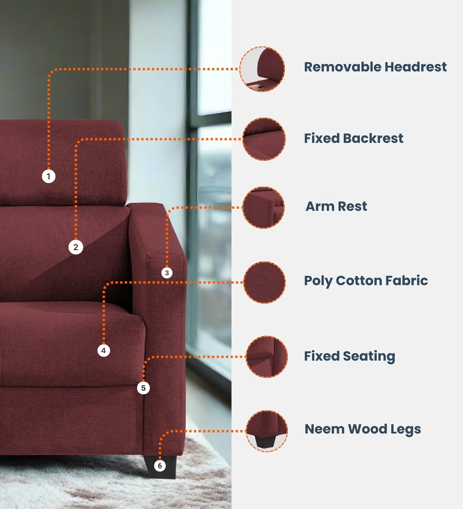 Devo Fabric 1 Seater Sofa In  Blaze Red Colour - Febonic Living