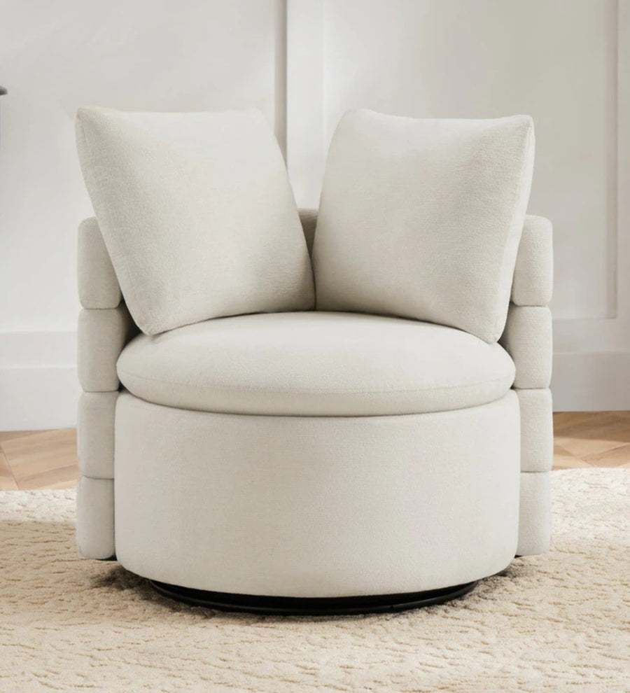 Rocco Fabric Swivel Chair In Ivory Cream Colour With Storage - Febonic Living