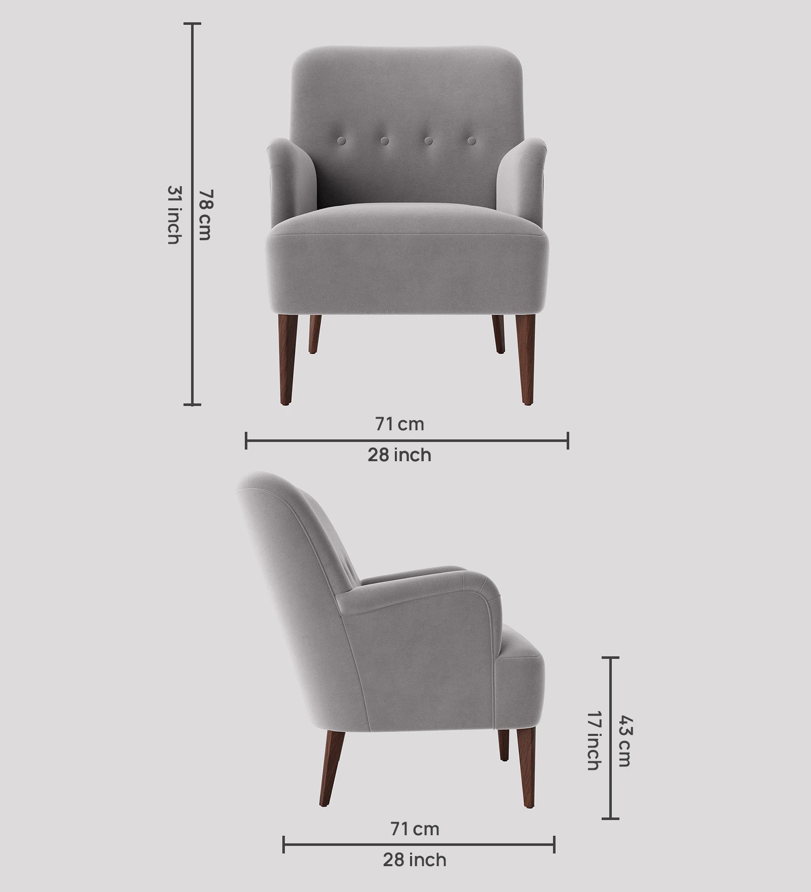 Zews Velvet Fabric 1 Seater Wing Chair in Concrete Grey Colour