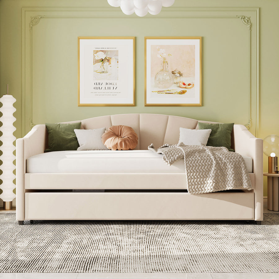 Doom  Pull Out  Cum Bed Velvet Sofa - Camel Beige by Febonic Living