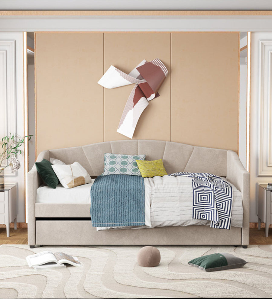 Doom Velvet Pull Out Sofa Cum Bed In Camel Beige Colour - Febonic Living