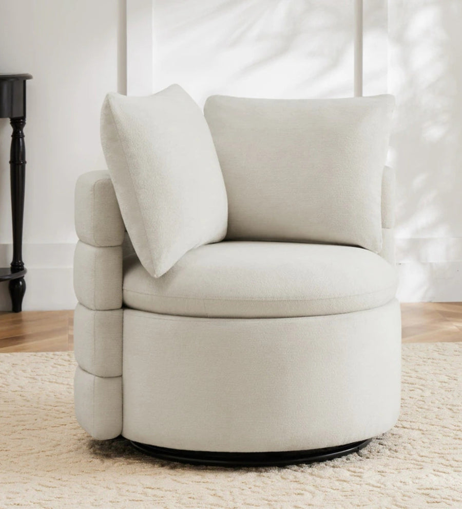 Rocco Fabric Swivel Chair In Ivory Cream Colour With Storage - Febonic Living