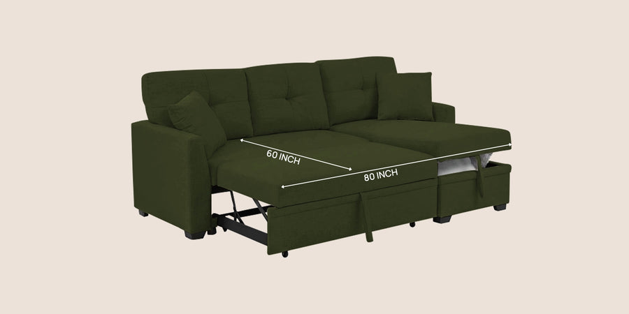 Jody Fabric 3 Seater Pull Out Sofa Cum Bed In Olive Green Colour With Storage - Febonic Living