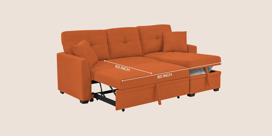 Jody Fabric 3 Seater Pull Out Sofa Cum Bed In Vivid Orange Colour With Storage - Febonic Living