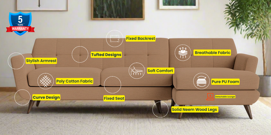 Jasmin Fabric Lhs Sectional Sofa 3 Lounger In Cosmic Beige Colour - Febonic Living