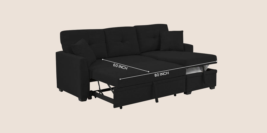 Jody Fabric 3 Seater Pull Out Sofa Cum Bed In Zed Black Colour With Storage - Febonic Living