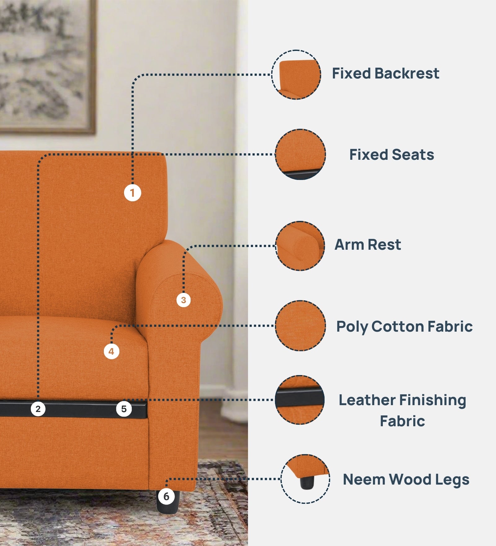 Ribby Fabric 1 Seater Sofa in Dark Orange Colour