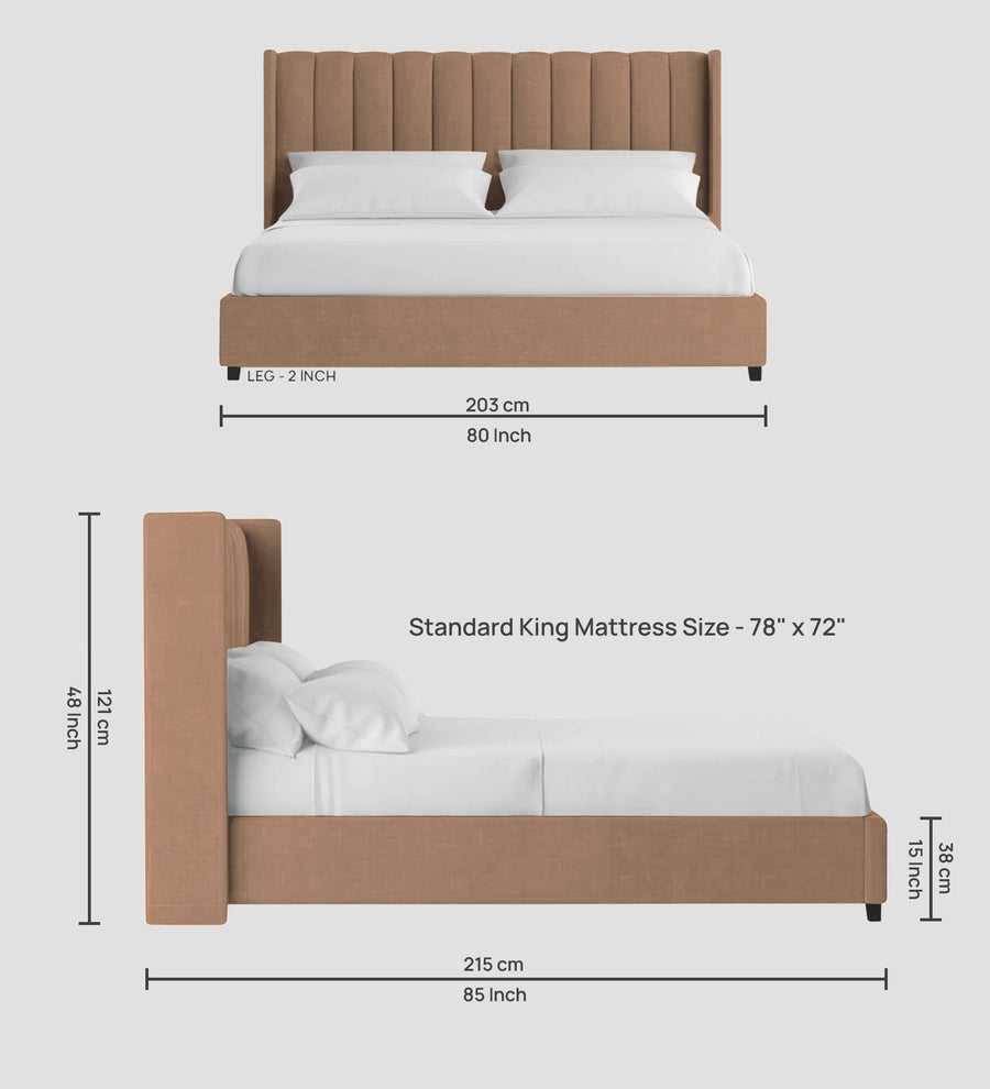 Colina Fabric Upholstered King Size Bed In Cosmic Beige Colour With Box Storage - Febonic Living