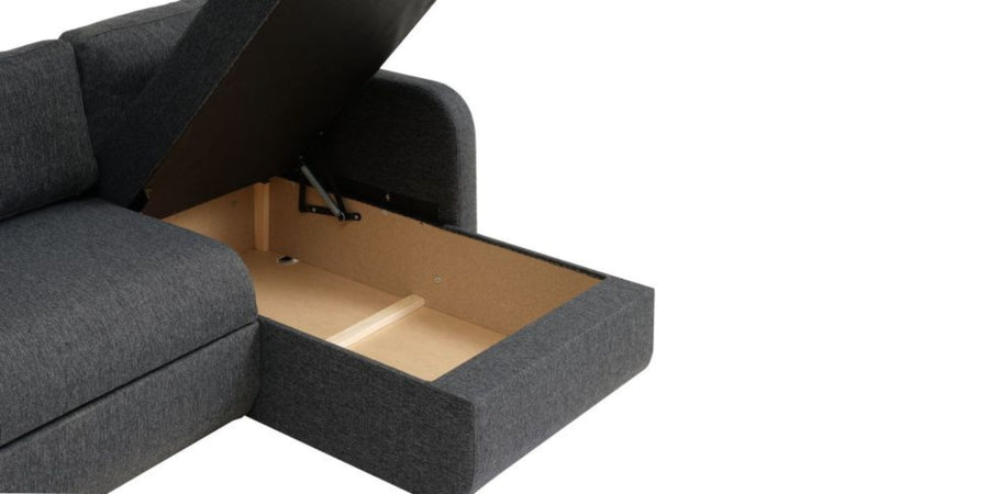 Bison Fabric 3 Seater Sectional With Pull Out Sofa Cum Bed In Charcoal Grey Colour - Febonic Living