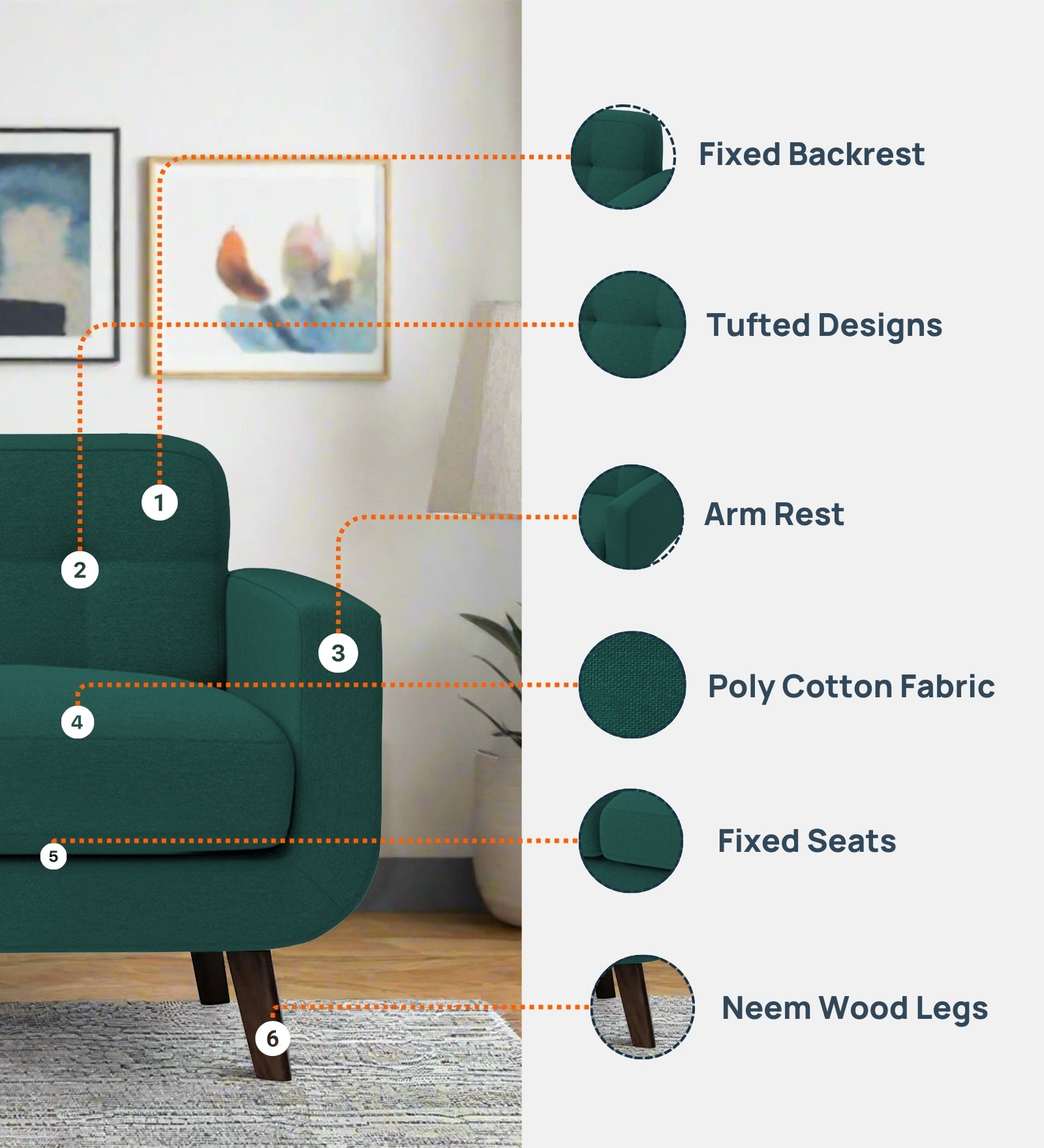 Marsela Fabric 1 Seater Sofa in Sage Green Colour