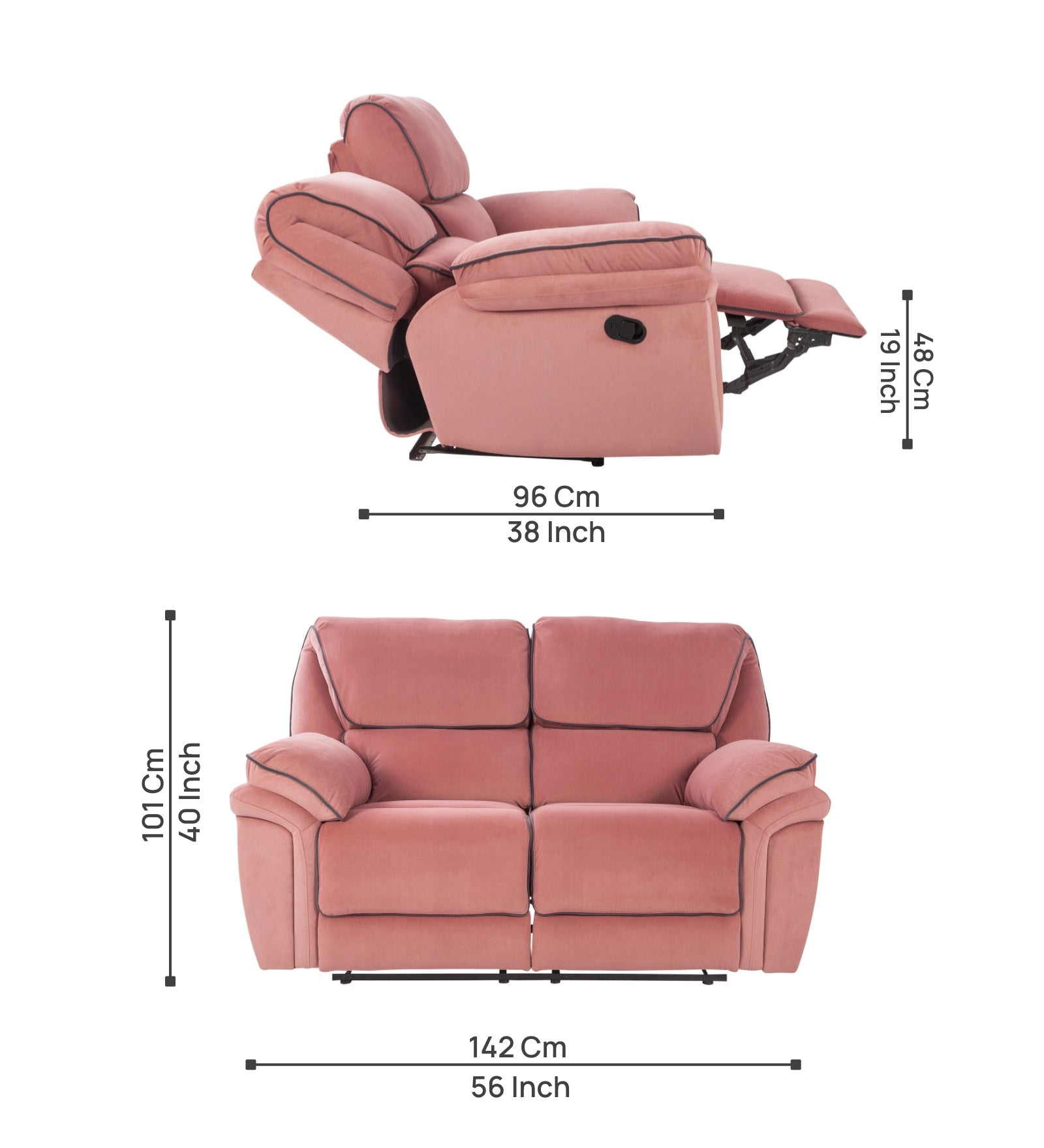 Regina Velvet 2 Seater Manual Recliner In Blush Pink Colour