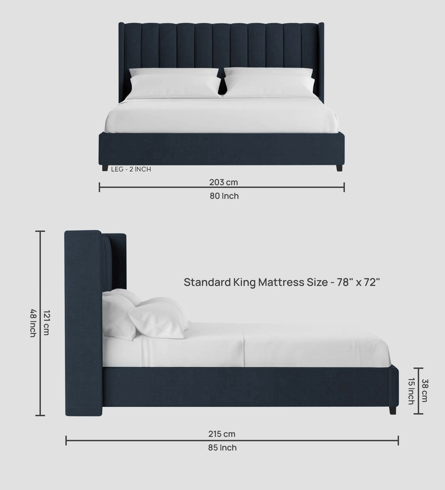 Colina Fabric Upholstered King Size Bed In Denim Blue Colour With Box Storage - Febonic Living