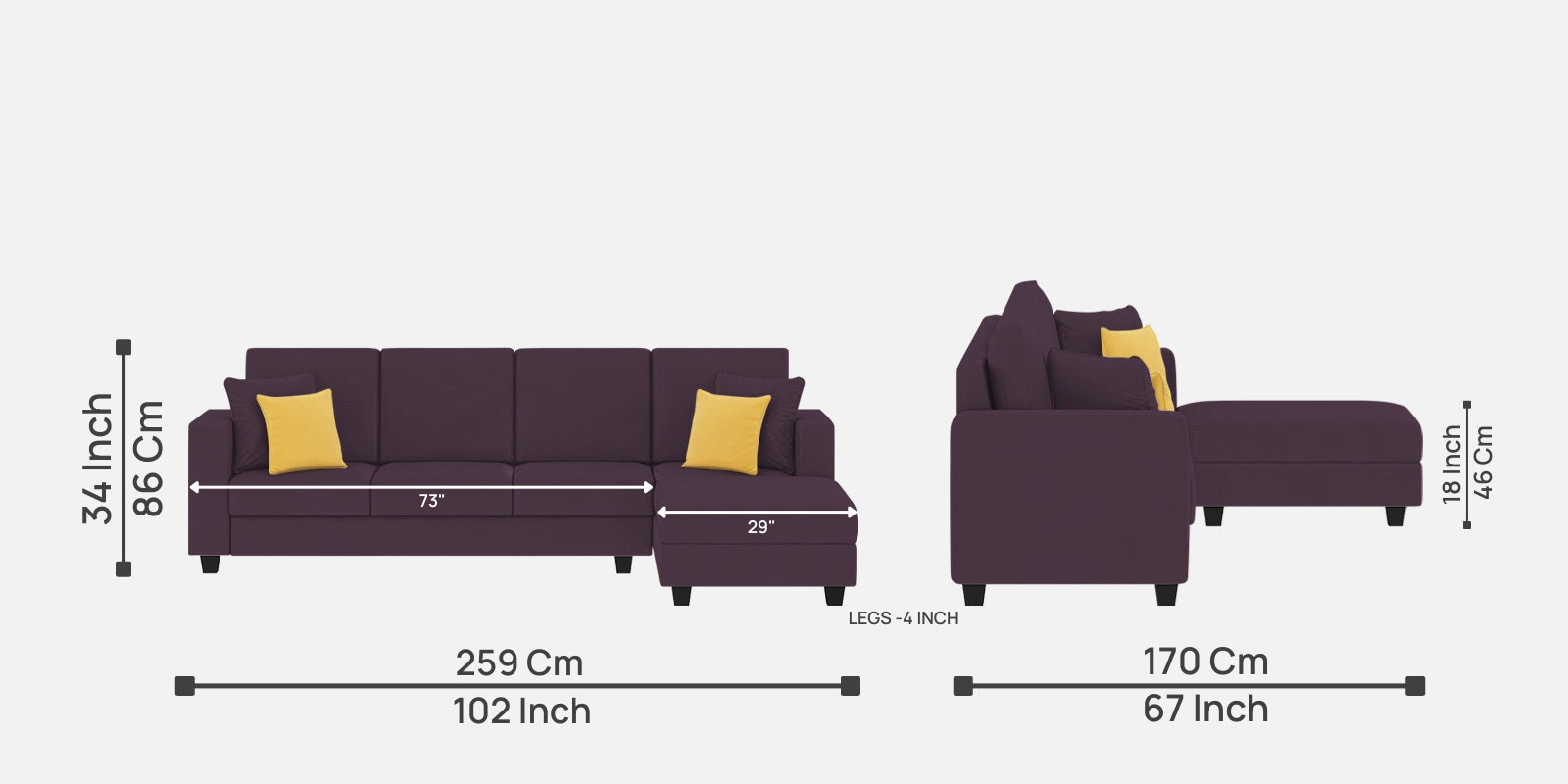 Nabi Fabric LHS Sectional Sofa (3 + Lounger) In Greek Purple Colour