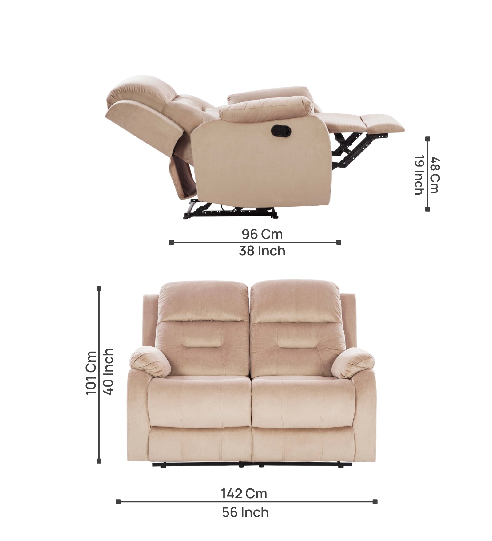 Texas Velvet 2 Seater Manual Recliner In Camel Beige Colour