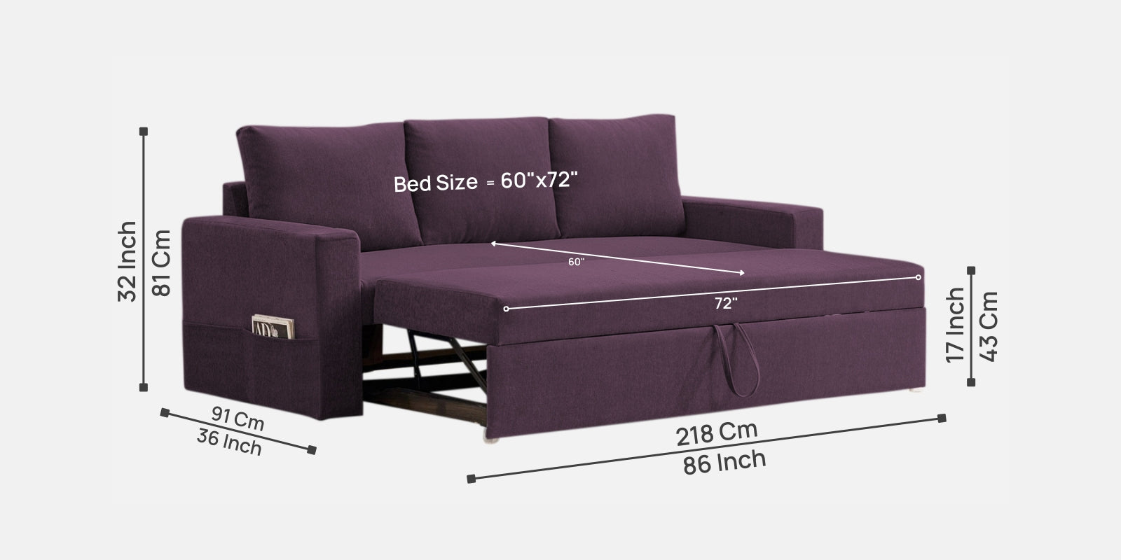 Kara Fabric 3 Seater Pull Out Sofa Cum Bed in Greek Purple Colour