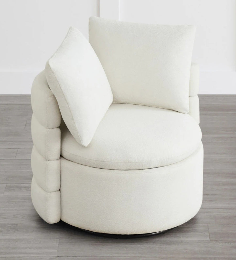 Rocco Fabric Swivel Chair In Ivory Cream Colour With Storage - Febonic Living