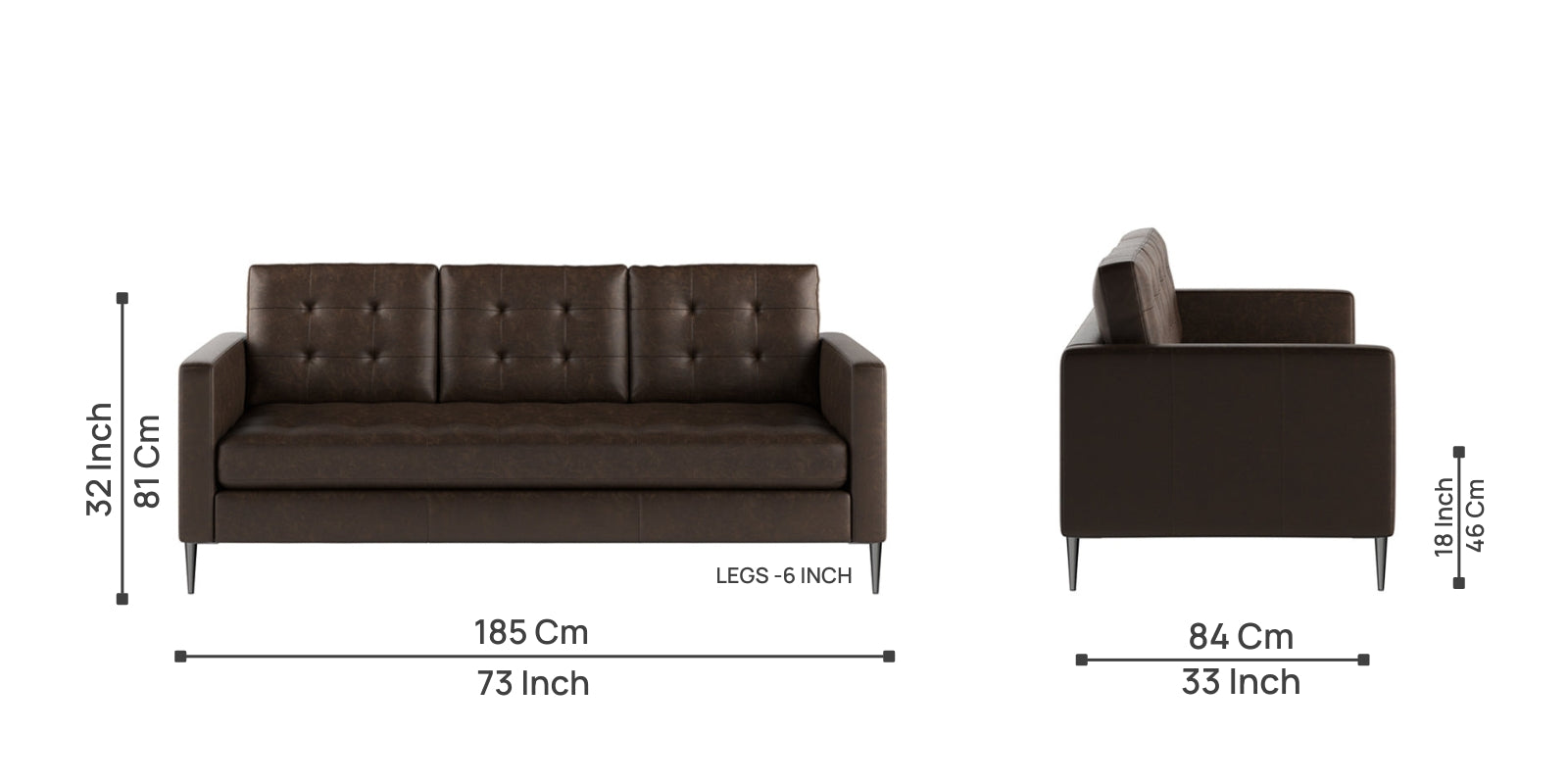 Zelso Leatherette 3 Seater Sofa in Coal Brown Colour