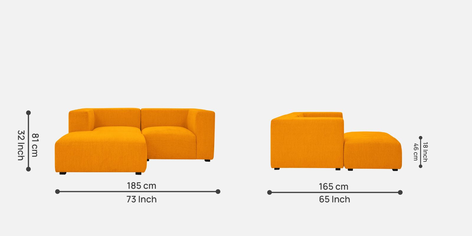 Dora Velvet RHS Sectional Sofa (2+Ottoman) In Saffron Yellow Colour