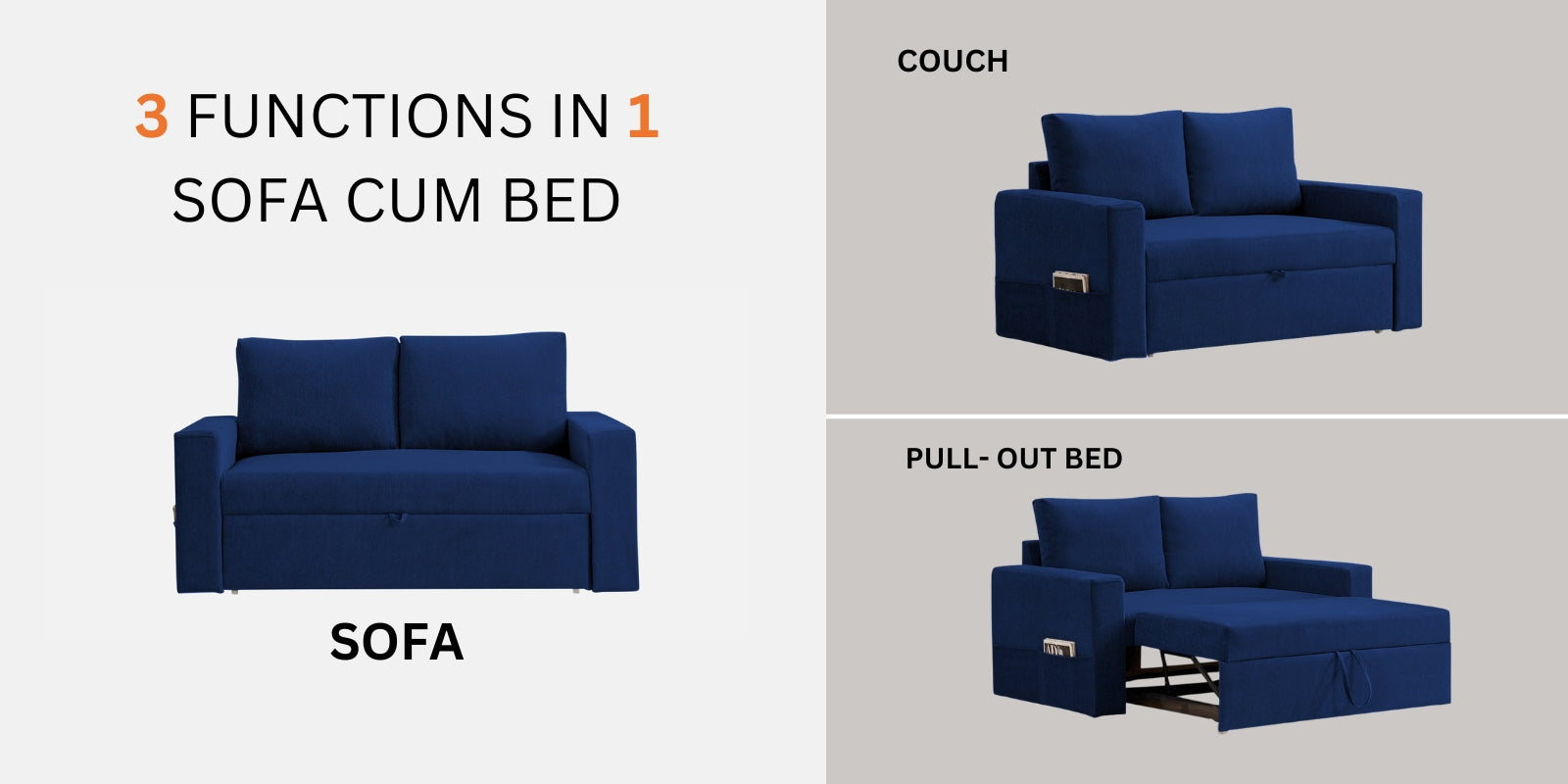 Kara Fabric 2 Seater Pull Out Sofa Cum Bed in Royal Blue Colour