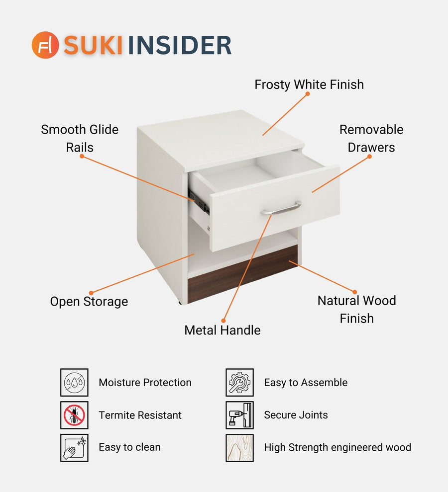 Kaiva Bedside Table With Drawer In Frosty White And Dark Walnut Finish - Febonic Living
