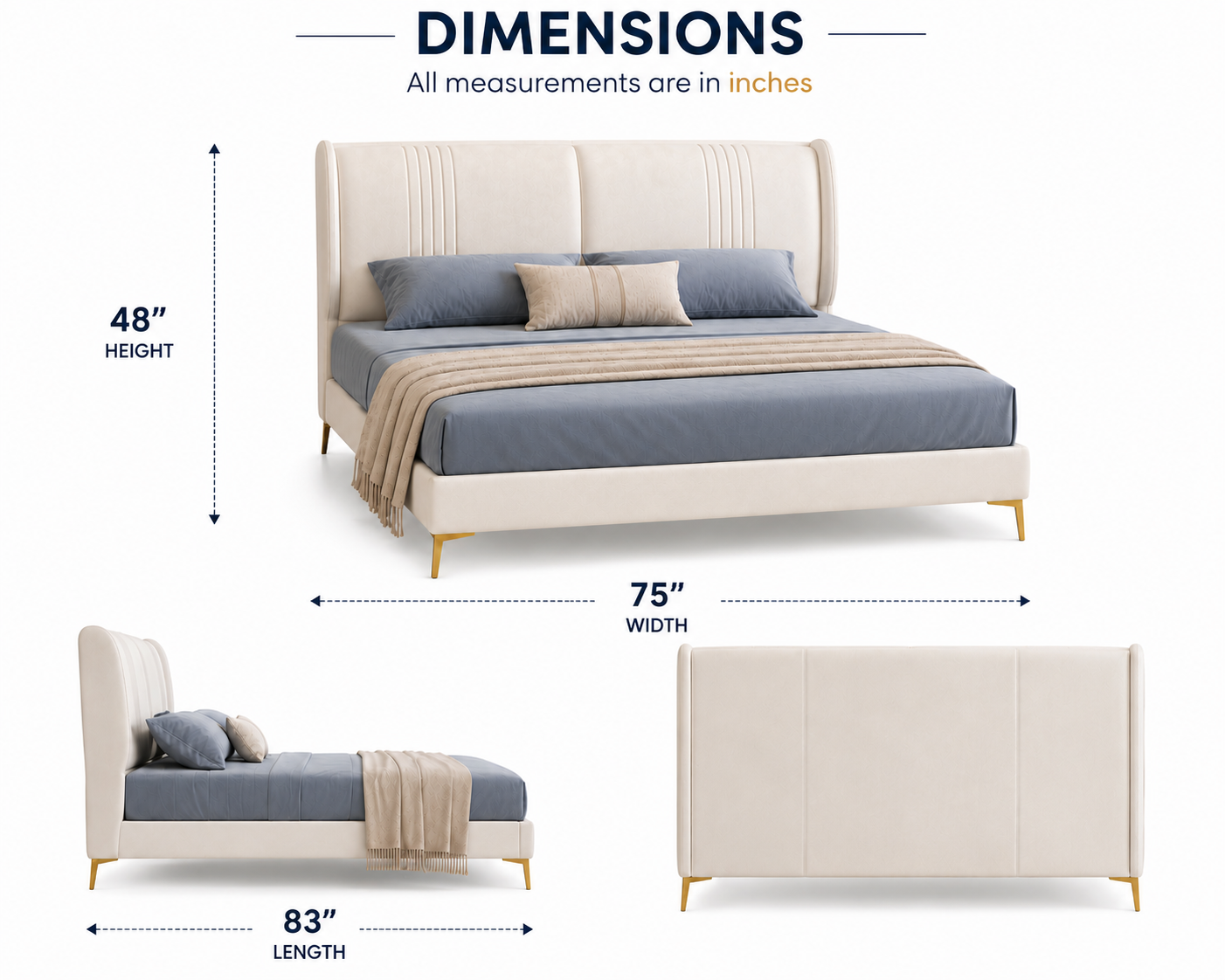 AURELIS Upholstered Fabric Wingback Bed - Ivory White - Dimensions by Febonic Living