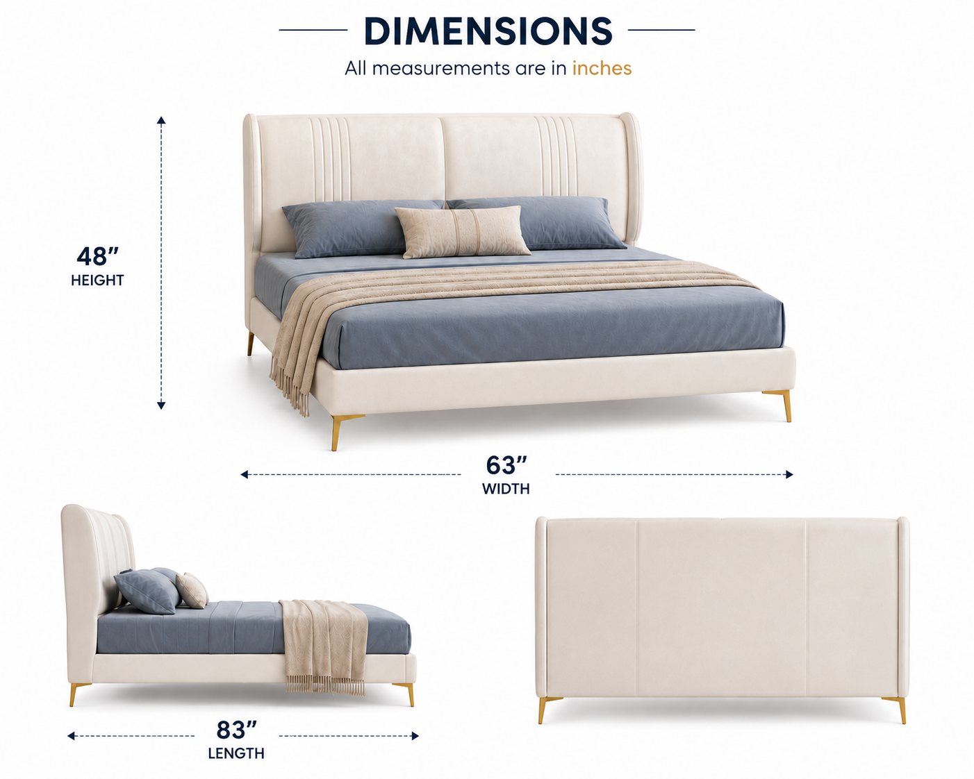 AURELIS Upholstered Fabric Wingback Bed - Ivory White - Dimensions by Febonic Living