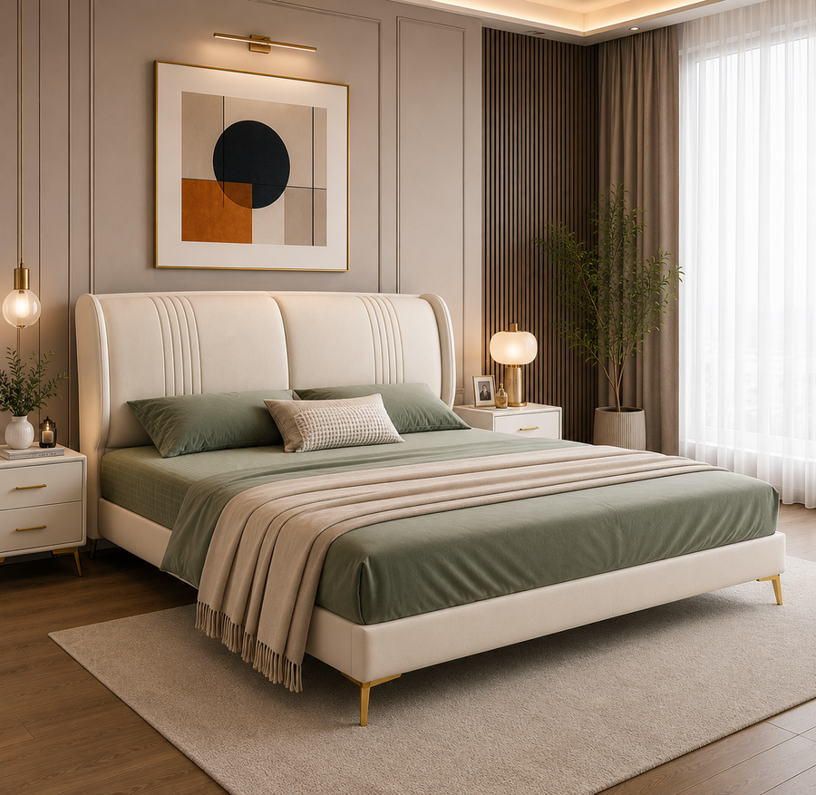 AURELIS Upholstered Fabric Wingback Bed - Ivory White - Bedroom View by Febonic Living